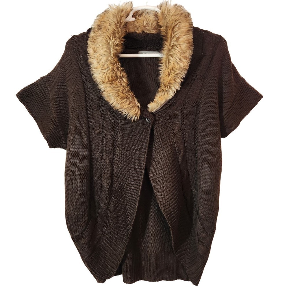 Short‎ Sleeve Sweater Cardigan Ribbed Shacket Waterfall Dark Brown Women's XL